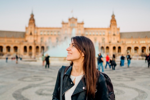 Woman visiting Plaza España in Sevilla