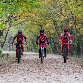 Group of cyclists on the Ruta de la Plata greenway in Cáceres Group of cyclists on the Ruta de la Plata greenway in Cáceres