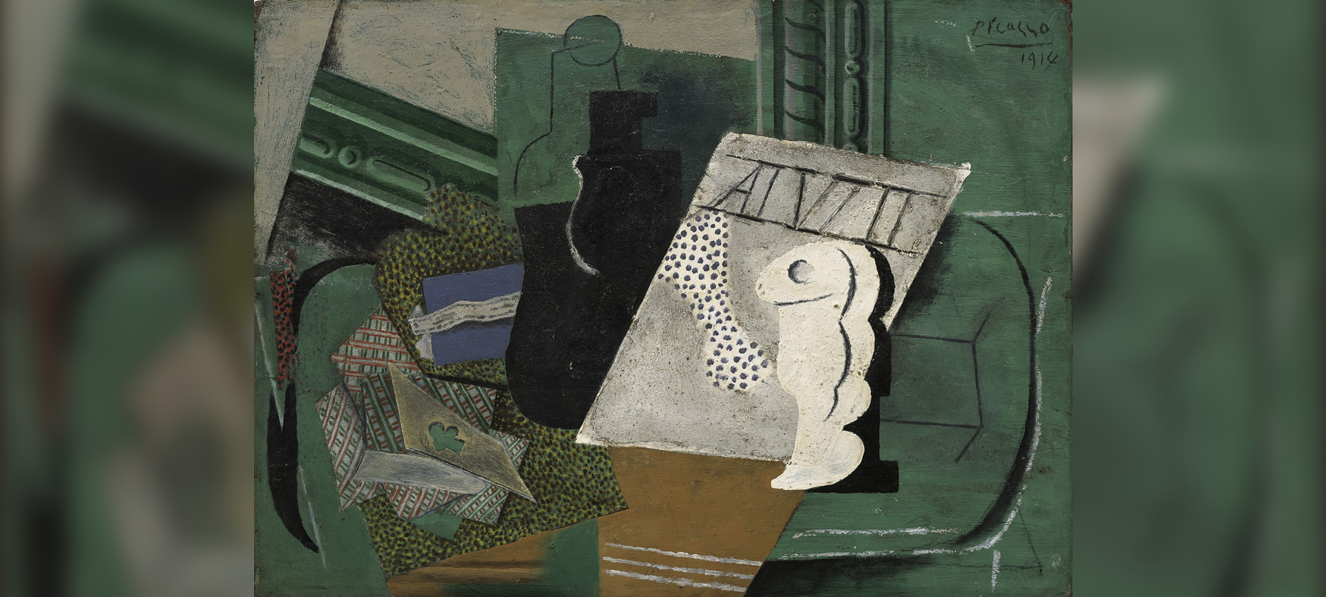 Pablo Picasso. Stillleben mit Glas und Spielkarten (Hommage à Max Jacob), 1914. Bleistift, Gouache, schwarze Kreide und papier collé auf Papier, 37 × 50 cm. Museum Berggruen, Neue Nationalgalerie, Stiftung Preußischer Kulturbesitz, Berlin. Pablo Picasso. Stillleben mit Glas und Spielkarten (Hommage à Max Jacob), 1914. Bleistift, Gouache, schwarze Kreide und papier collé auf Papier, 37 × 50 cm. Museum Berggruen, Neue Nationalgalerie, Stiftung Preußischer Kulturbesitz, Berlin.