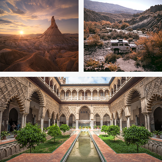 Oben links: Bardenas-Wüste in Aragón / oben rechts: Tabernas-Wüste in Andalusien / unten: Königlicher Alcázar in Sevilla, Andalusien